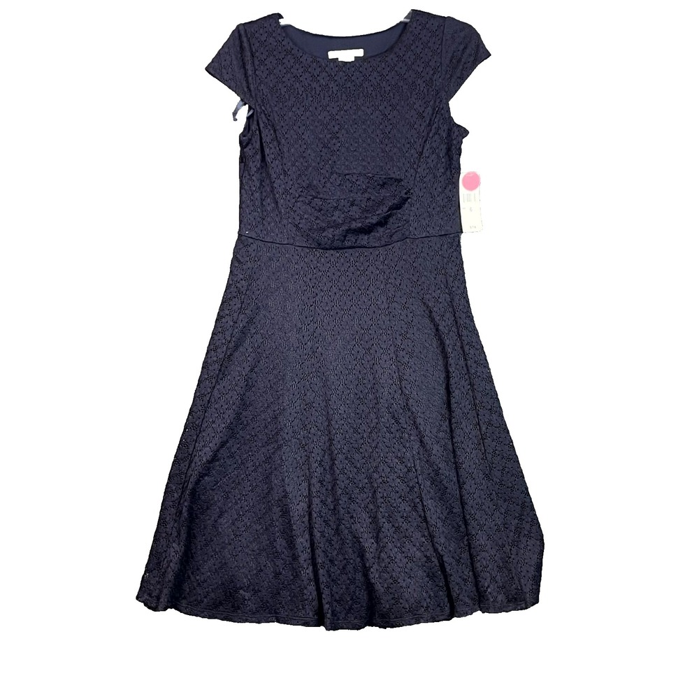 Studio One New York Fit & Flare Dress Womens 6 Navy Blue Nylon Lace Cap Sleeve